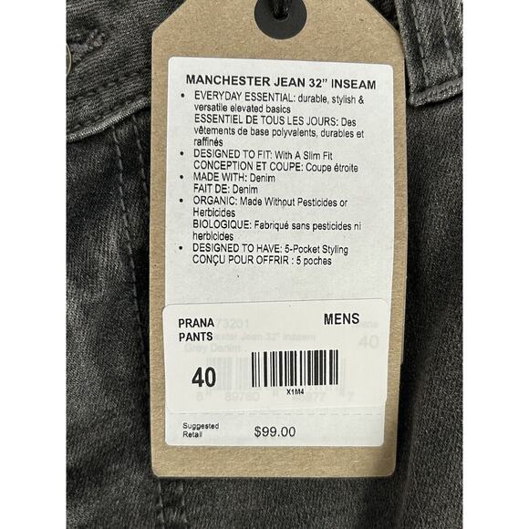 Prana Men's Jeans Size 40x32 Manchester Slim Fit Gray Jean Pants NWT - Picture 4 of 7